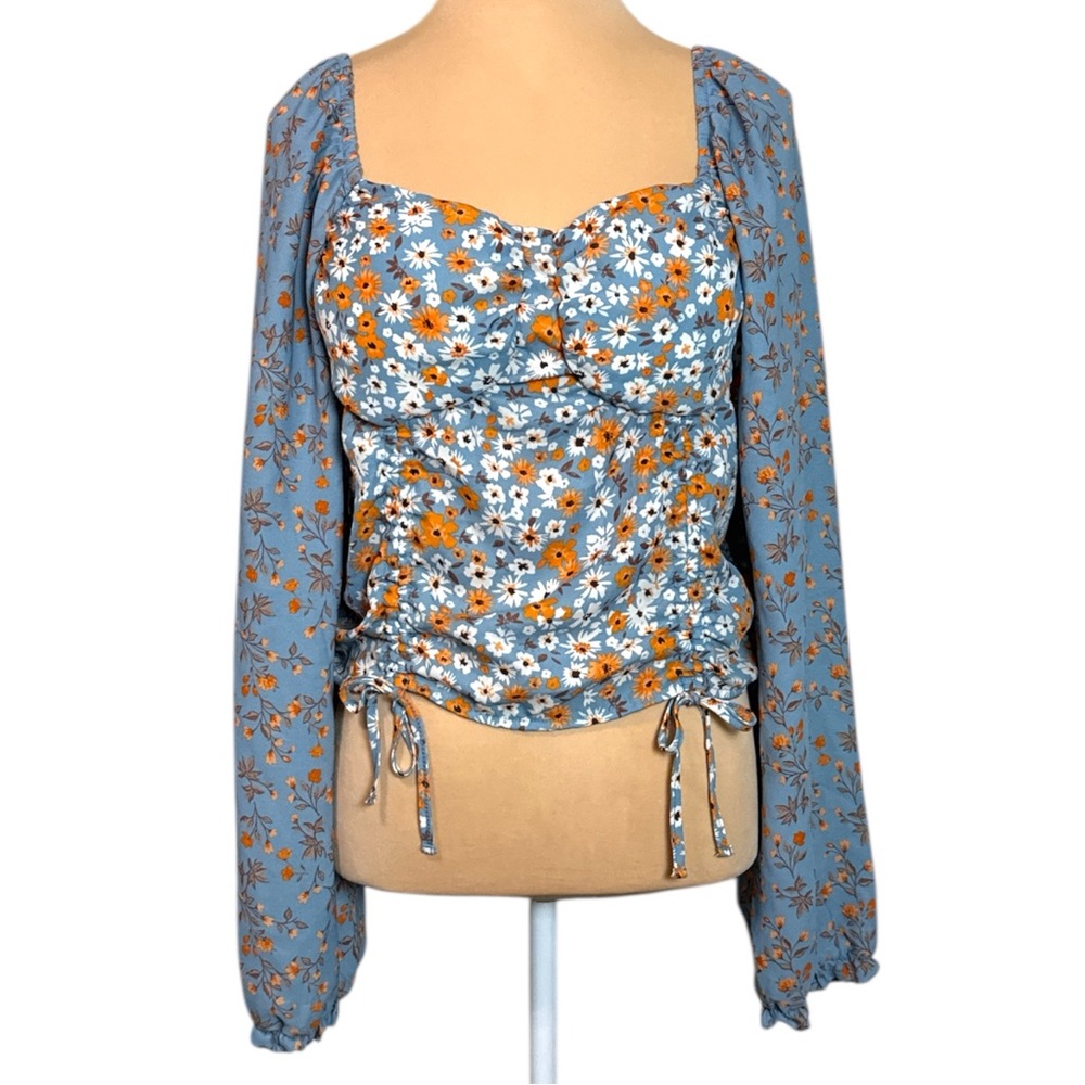 Madden NYC blue floral bra cup long sleeve tie crop top Size XXL (EUC)